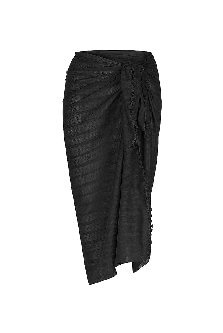 Ghost mannequin of long black sarong with tie detail and pom poms