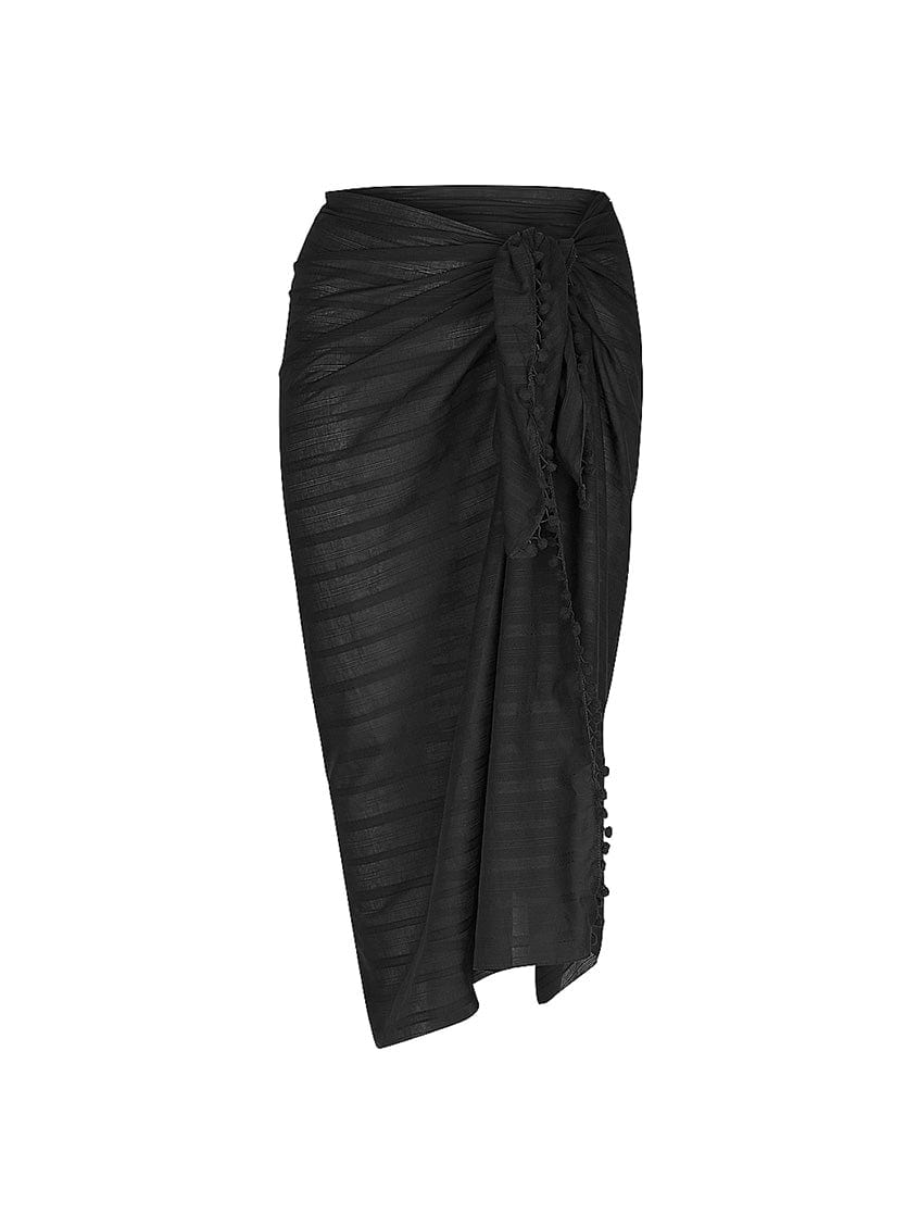 Ghost mannequin of long black sarong with tie detail and pom poms