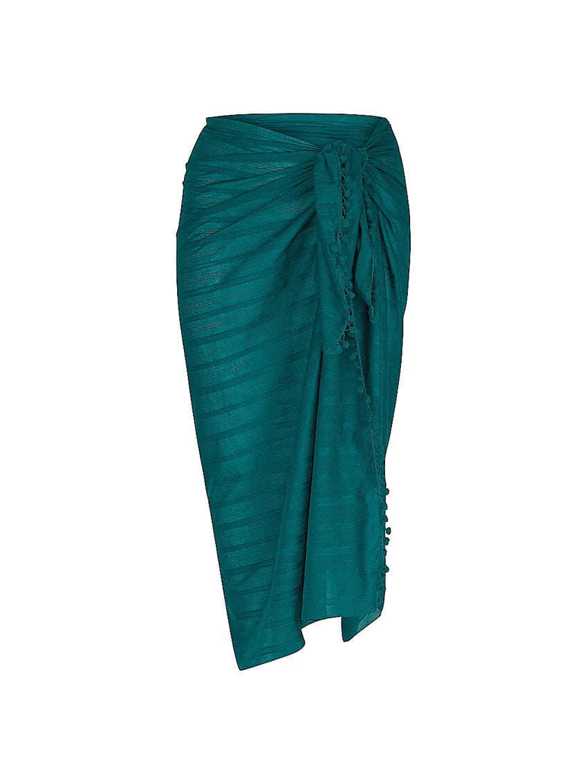 Ghost mannequin of teal sarong with pom poms