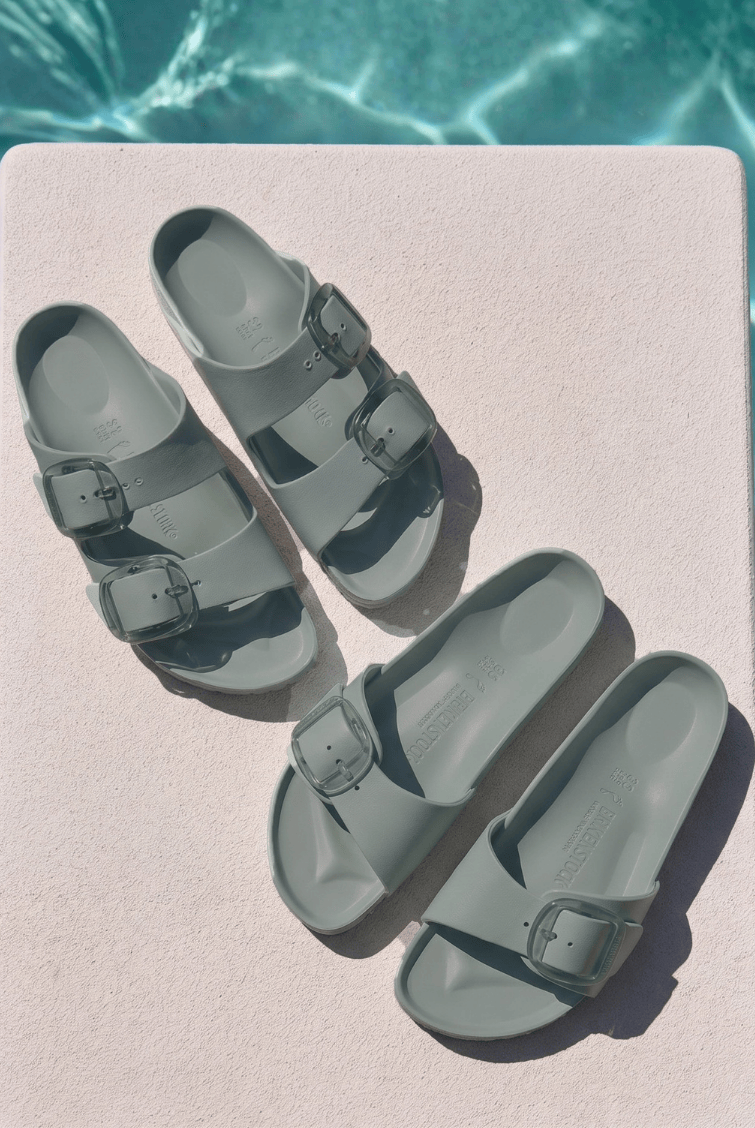 Group photo of sage birkenstock sandals with buckle detail