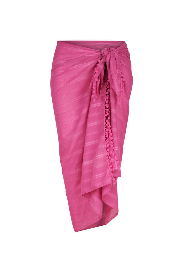 Ghost mannequin of plum sarong with pom pom detail