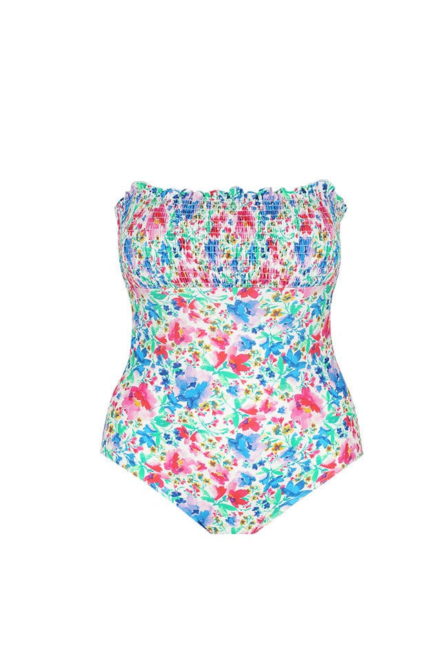 ghost mannequin of a shirred bandeau one piece swimsuit with white background and pink, green, blue flower print