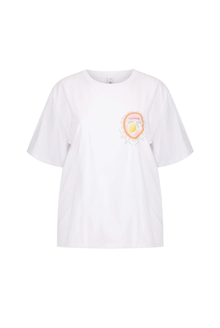 Ghost mannequin of tutti frutti t shirt with lemon logo in corner