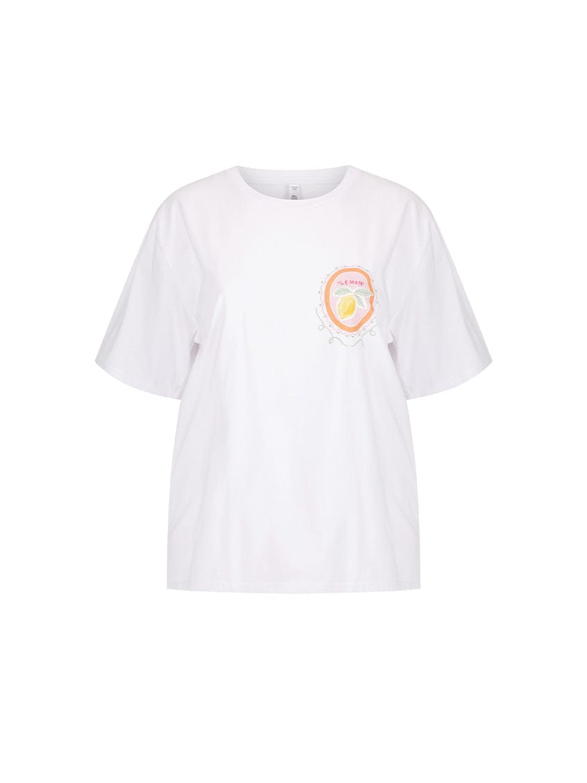 Ghost mannequin of tutti frutti t shirt with lemon logo in corner