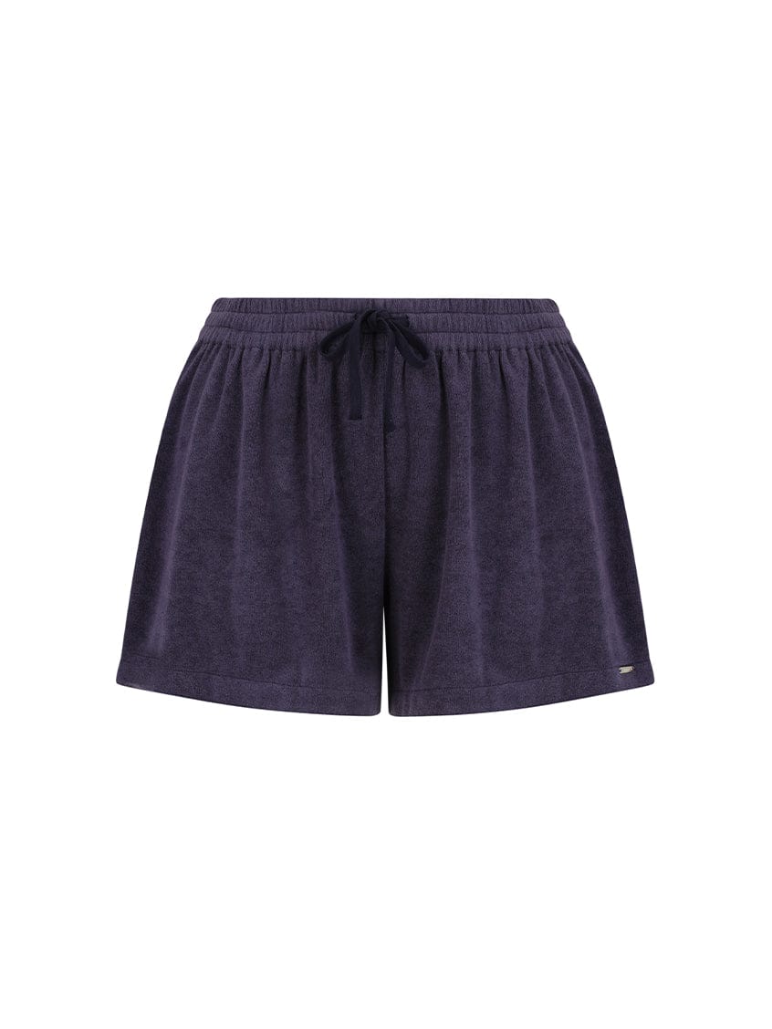 Ghost mannequin of high waisted navy terry towelling shorts with drawstring