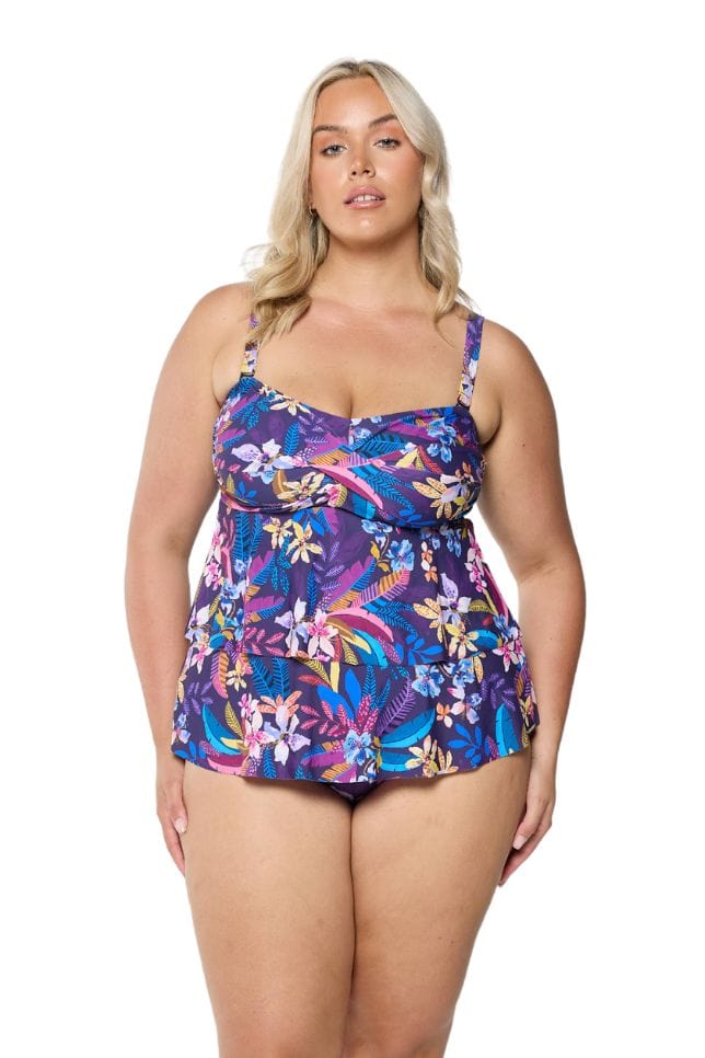 Front of model in studio wearing tankini with tiered detail and removable straps
