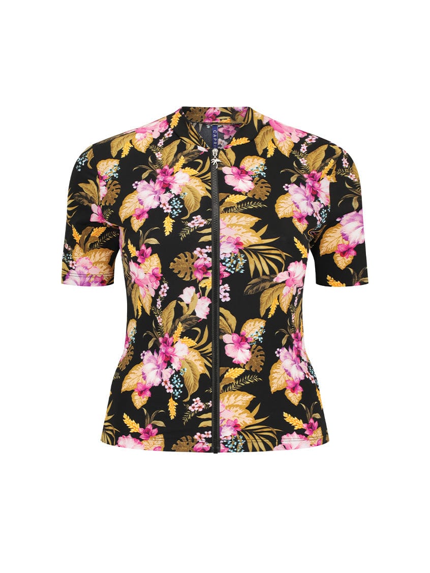 Ghost mannequin of short sleeve short vest in tropical floral print
