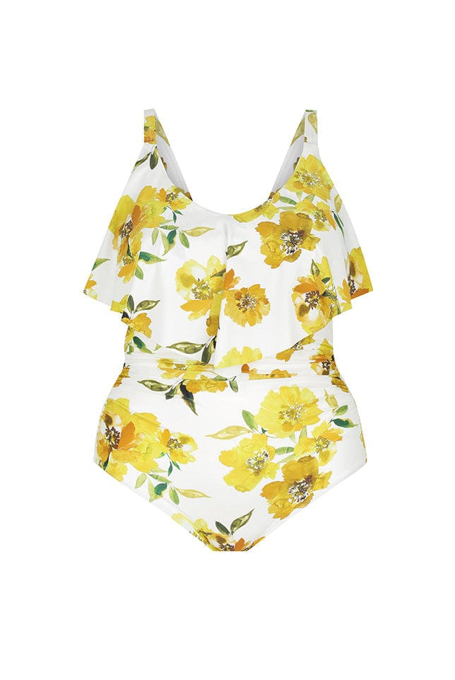 Ghost mannequin white and yellow floral v neck frill one piece