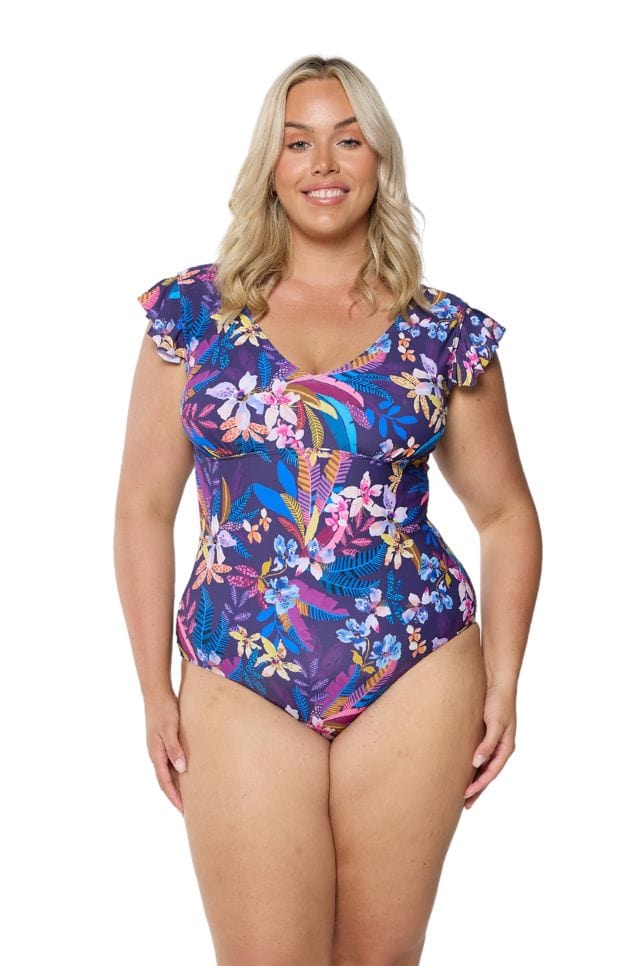 Blonde model wearing v neck one piece for curve women