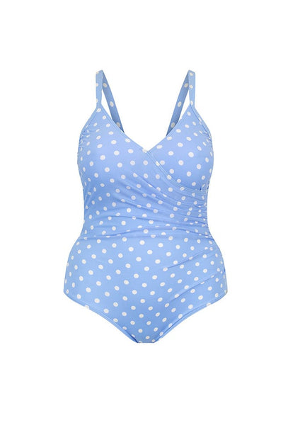 Plus size crossover one piece in vintage blue and white dots