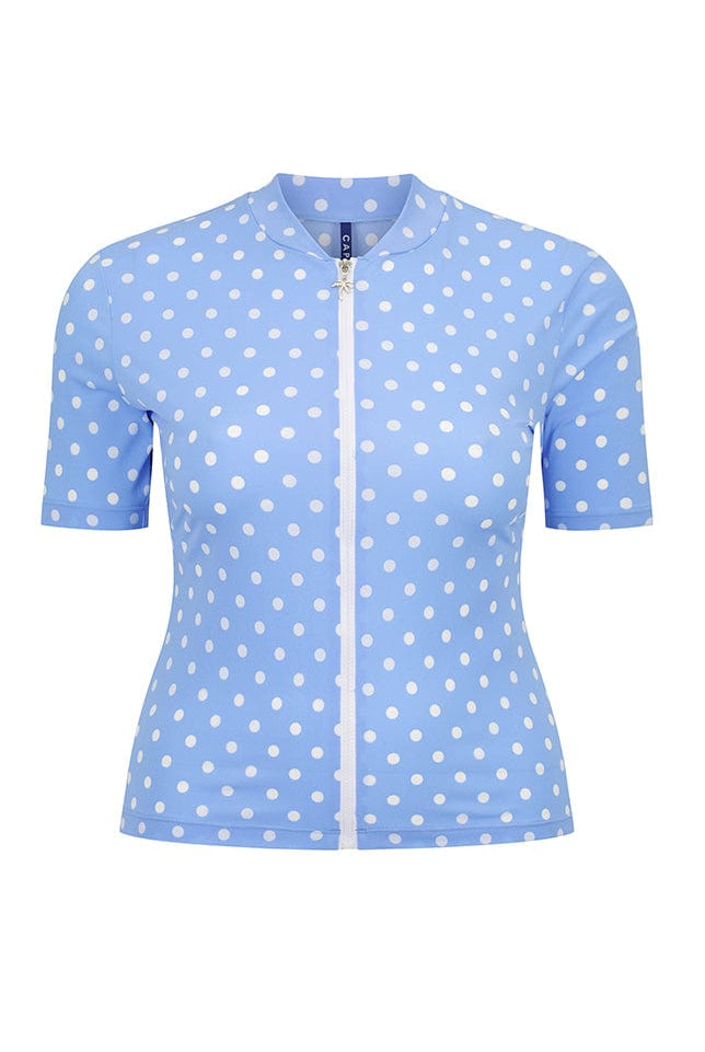 Vintage blue and white spot rash vest for curve women in chlorine resistant