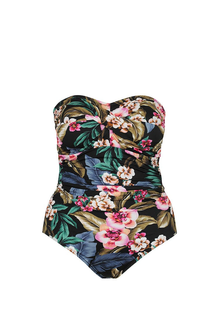 Floral patterned strapless swimsuit on a white background