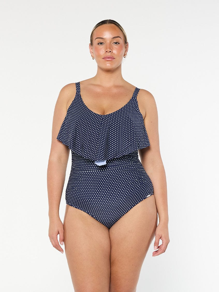 Navy and White Dots Long Frill V Neck One Piece