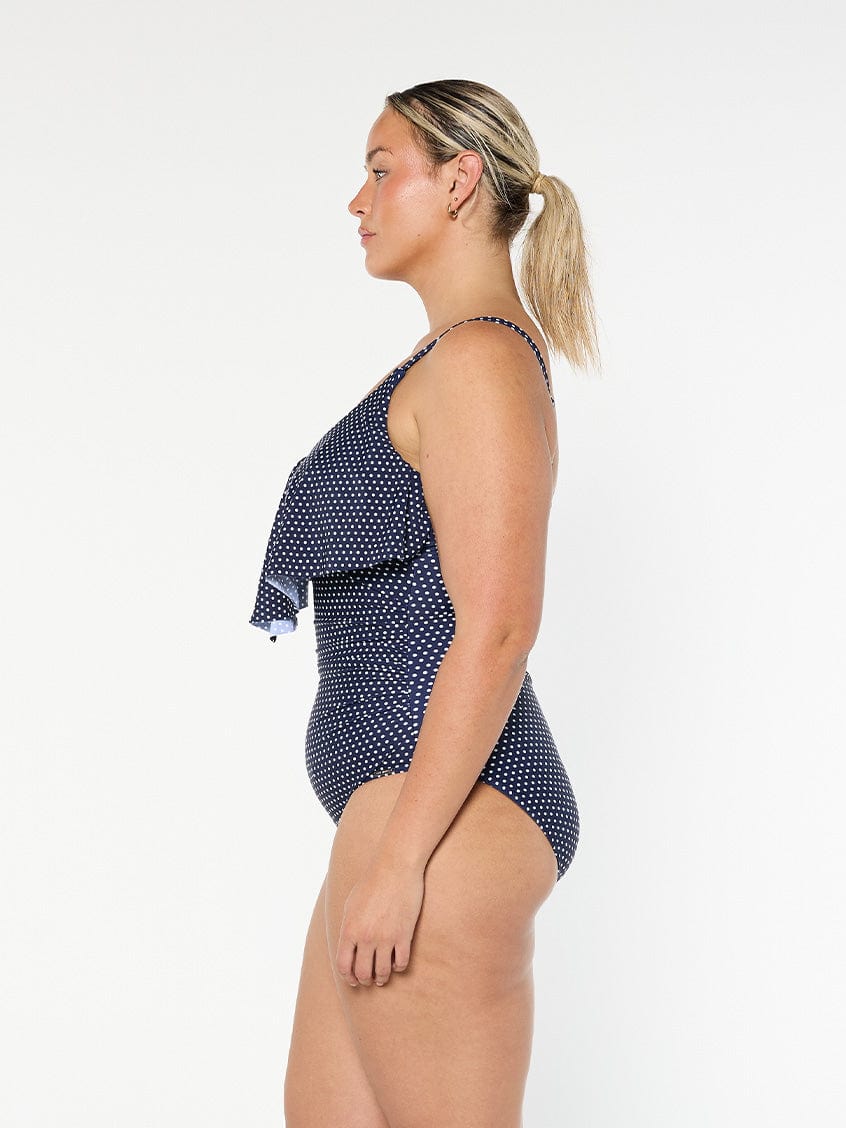 Navy and White Dots Long Frill V Neck One Piece