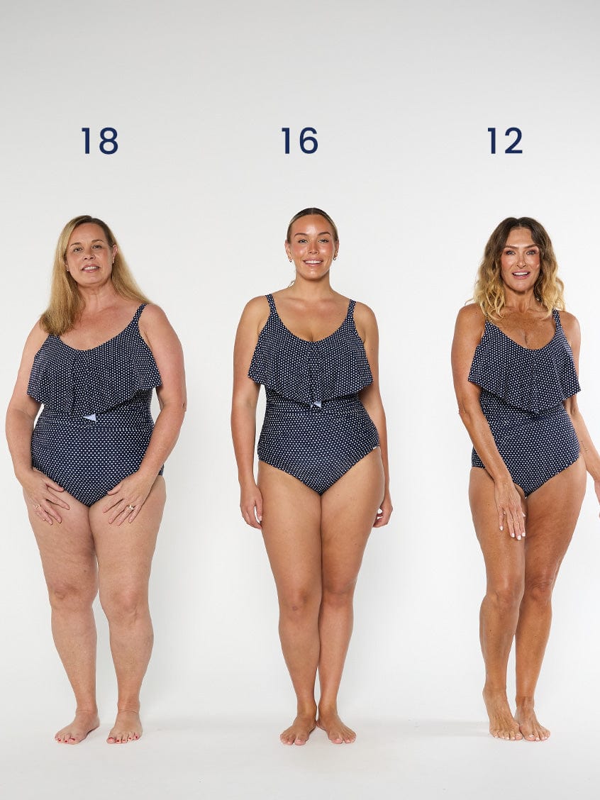 Navy and White Dots Long Frill V Neck One Piece