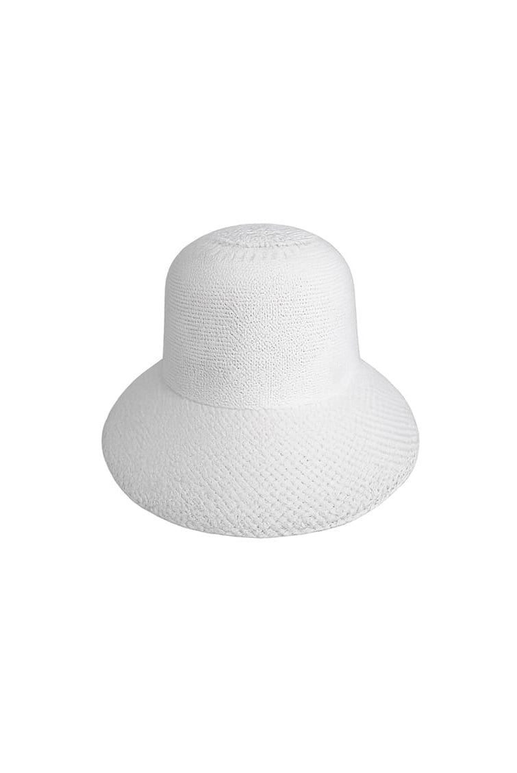 White woven bucket hat on a white background