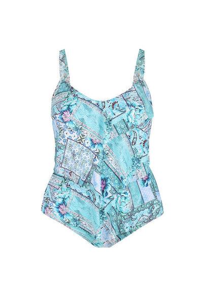 Ghost mannequin light blue patterned tiered swimsuit