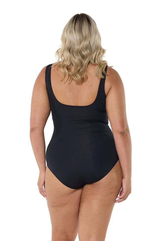 Model showing back of black mesh front swimsuit
