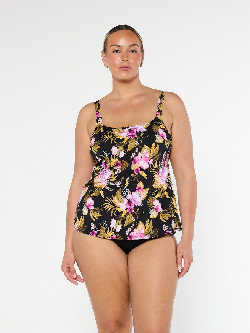 Blonde model wears square neck chlorine resistant floral tankini top with scoop hemline