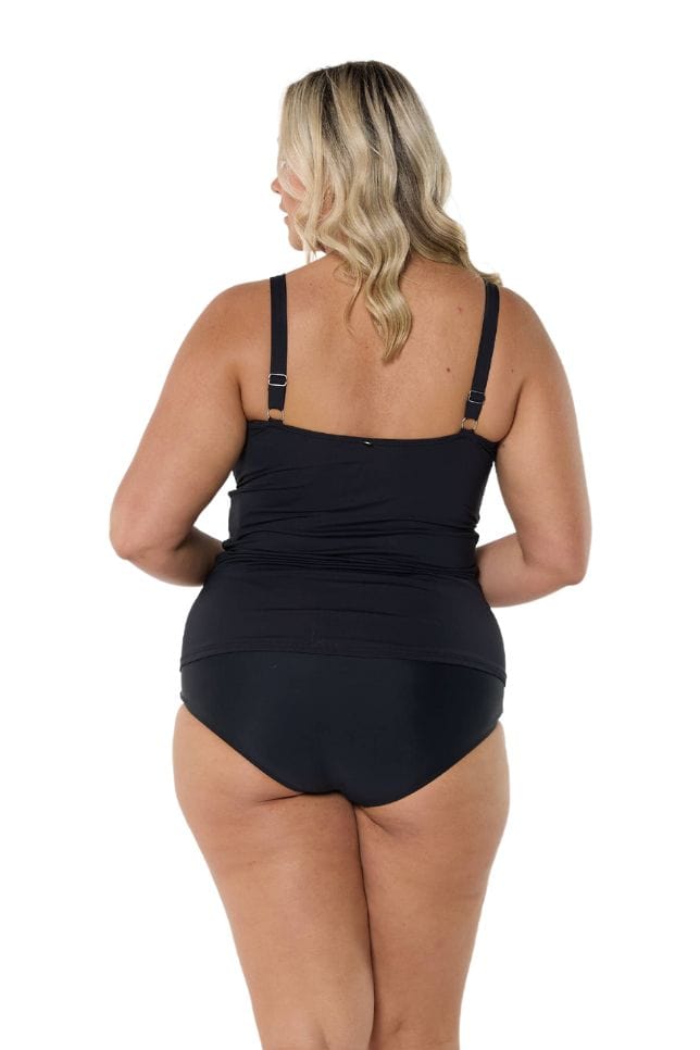 model showing back of black swim tankini