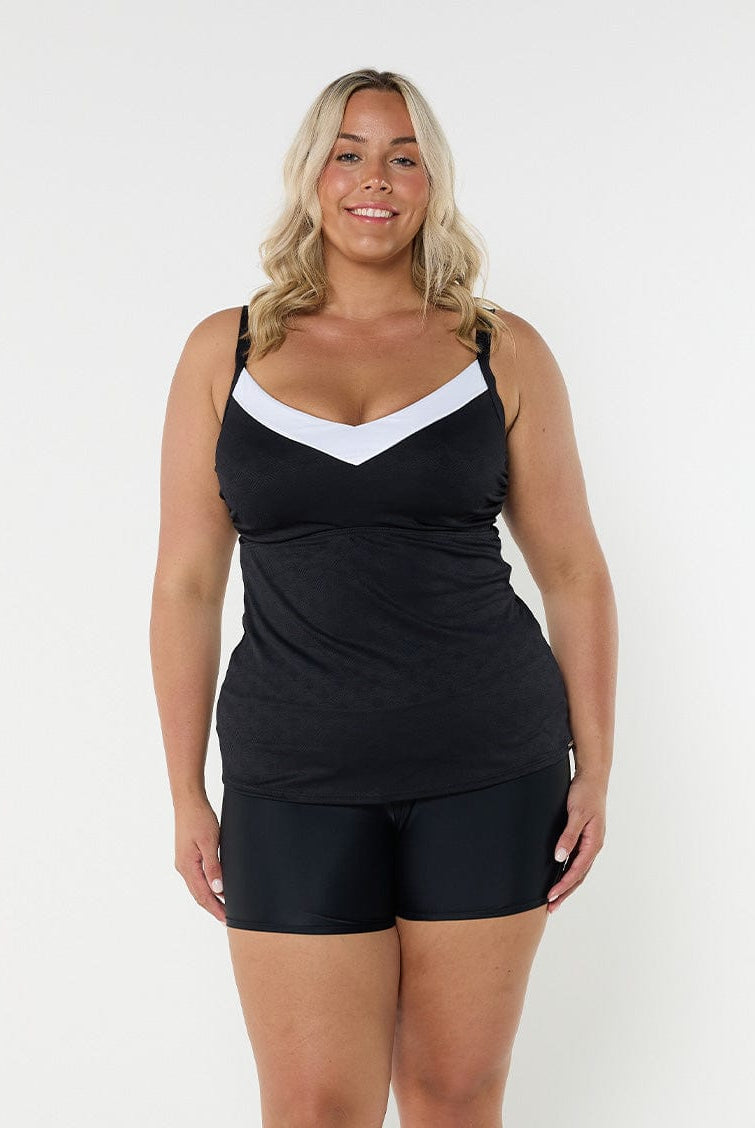 Blonde model showing side of black and white underwire tankini