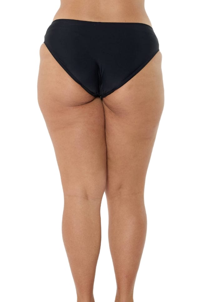 model showing back of black hipster swim pant