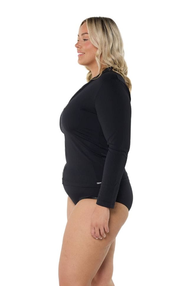 Blonde model wearing black long sleeve rashie