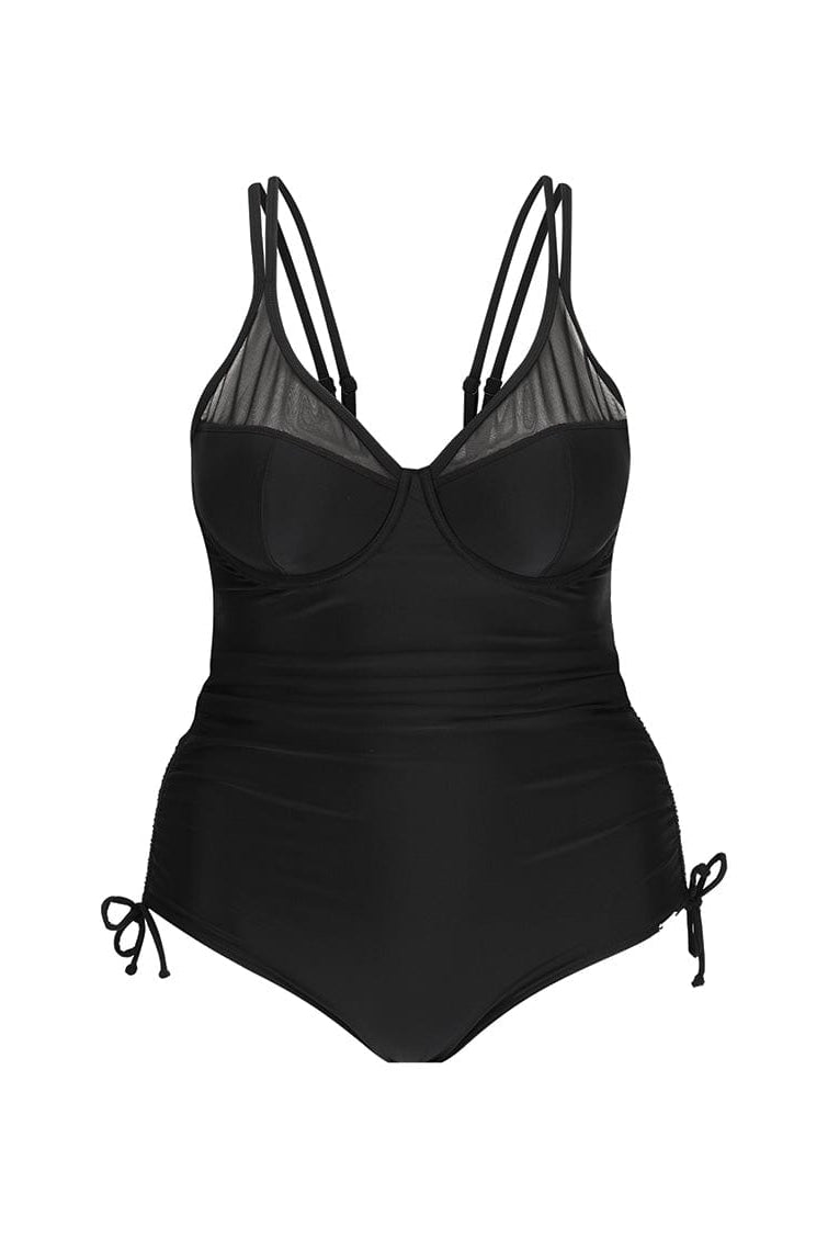black swimsuit with mesh bust detail and ruched sides