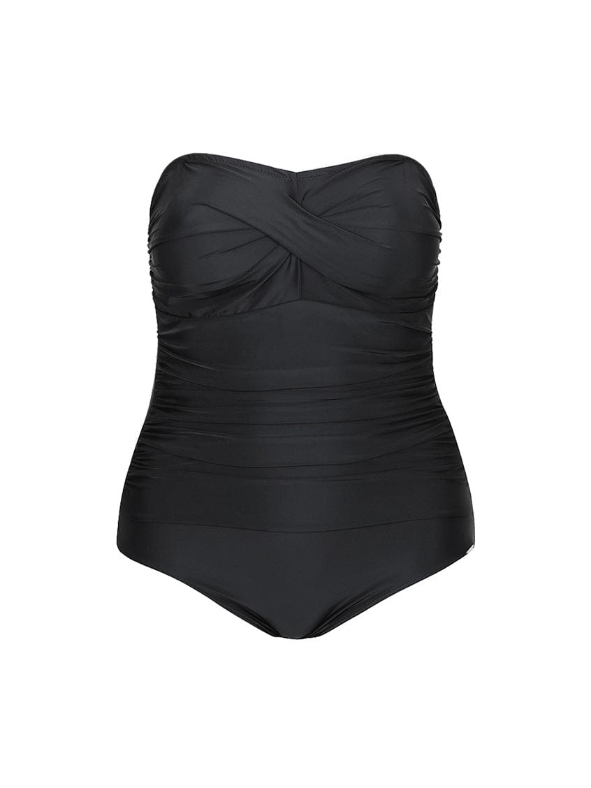 black flattering strapless swimsuit