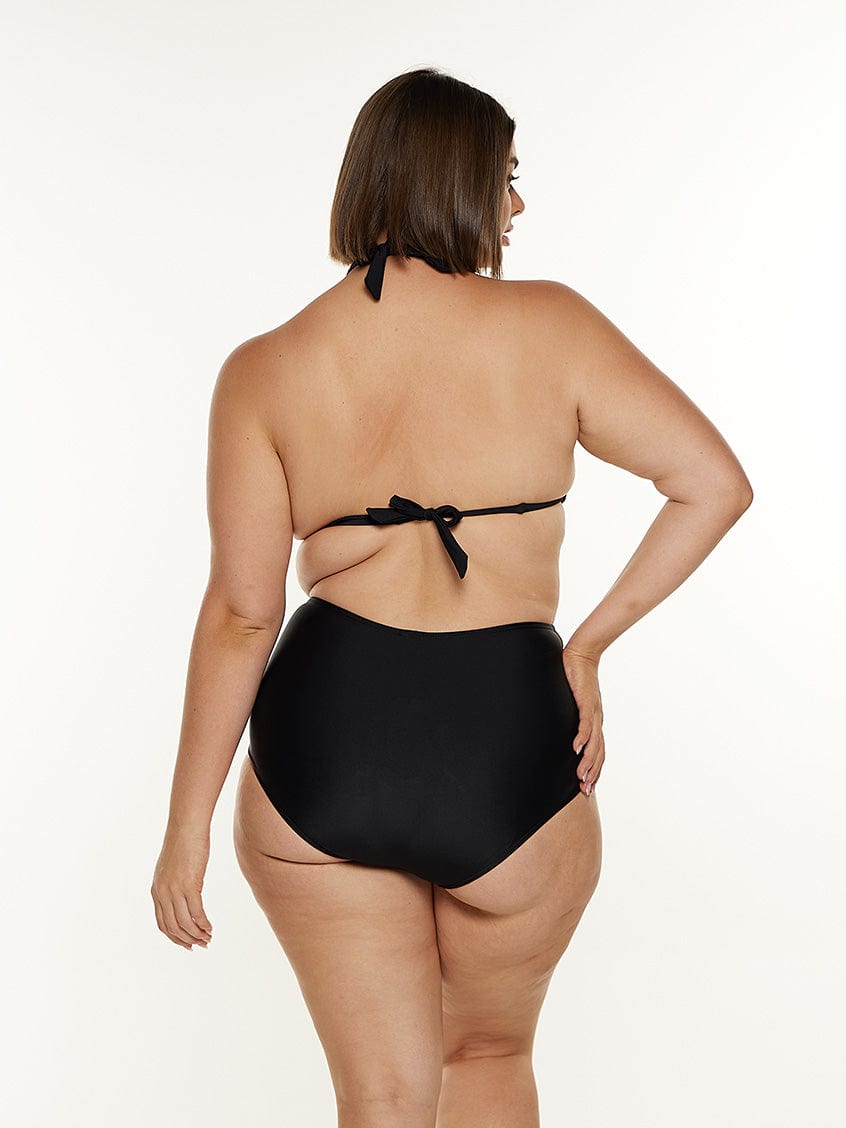 model showing back tie of women's triangle bikini top