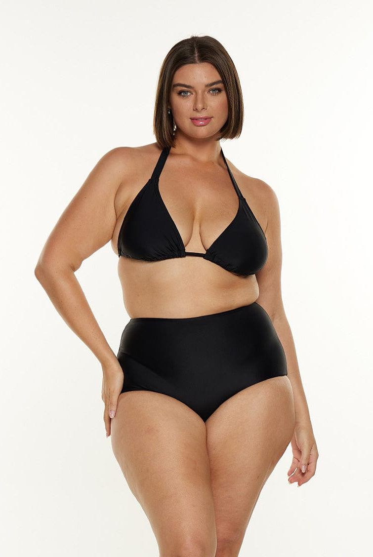 model wearing black triangle bikini top and matching bottom