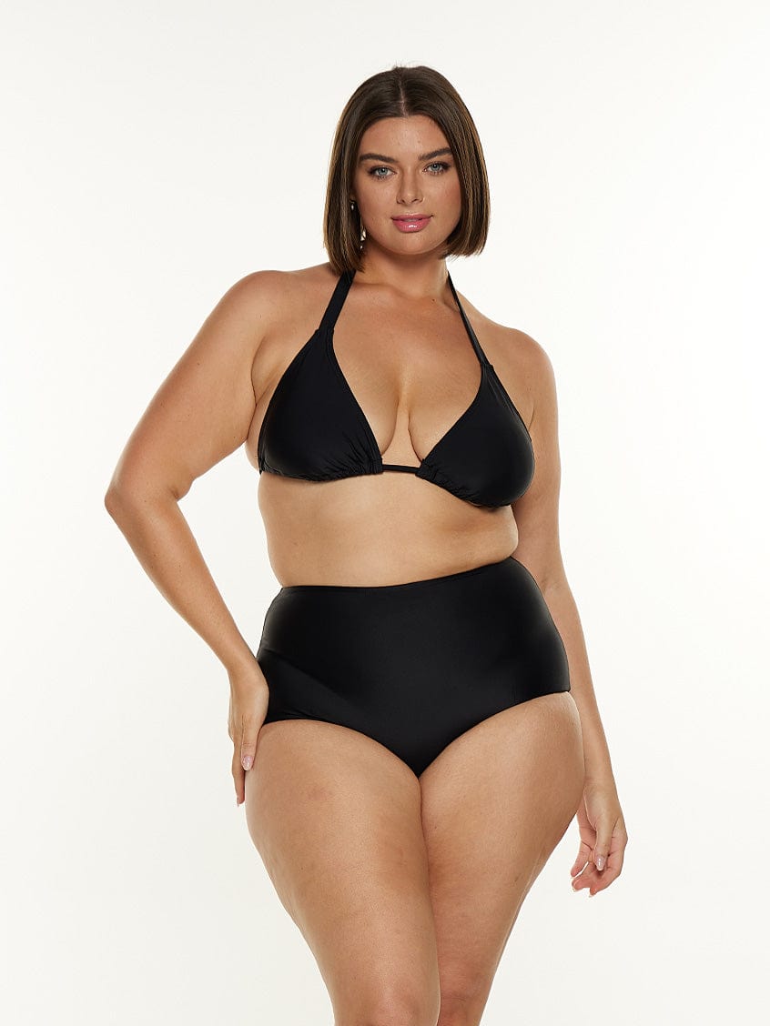 model wearing black triangle bikini top and matching bottom