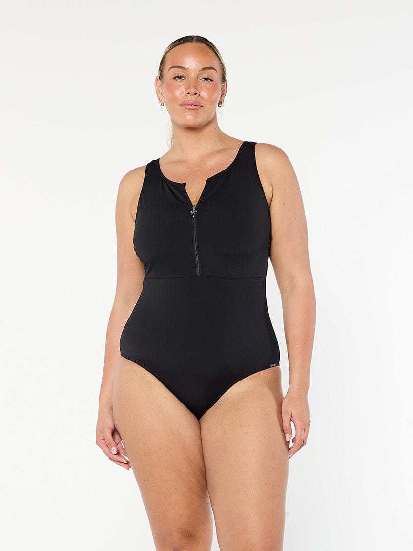 model wearing black chlorine resistant women's one piece