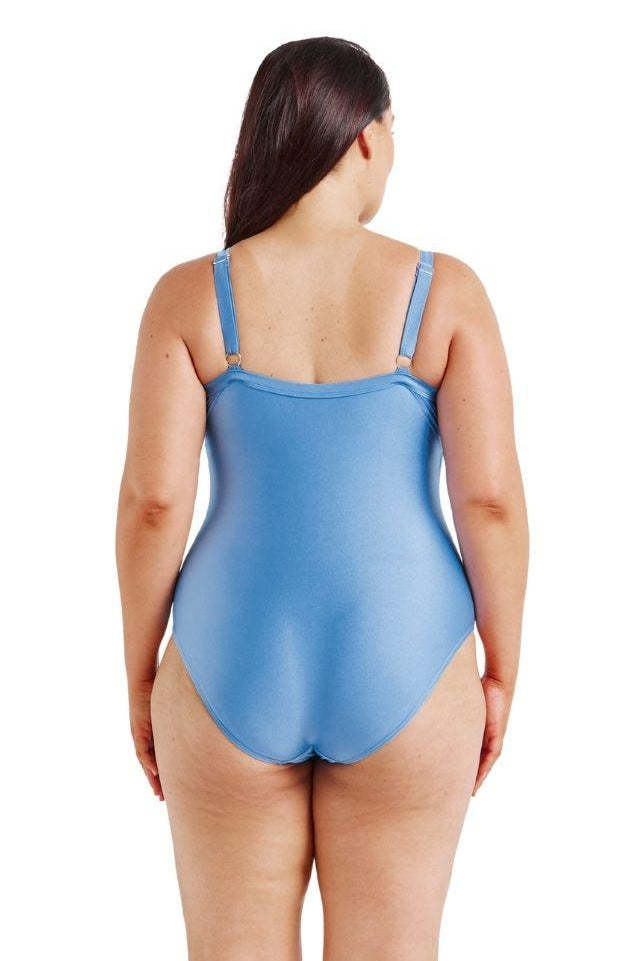 model showing back of blue one piece