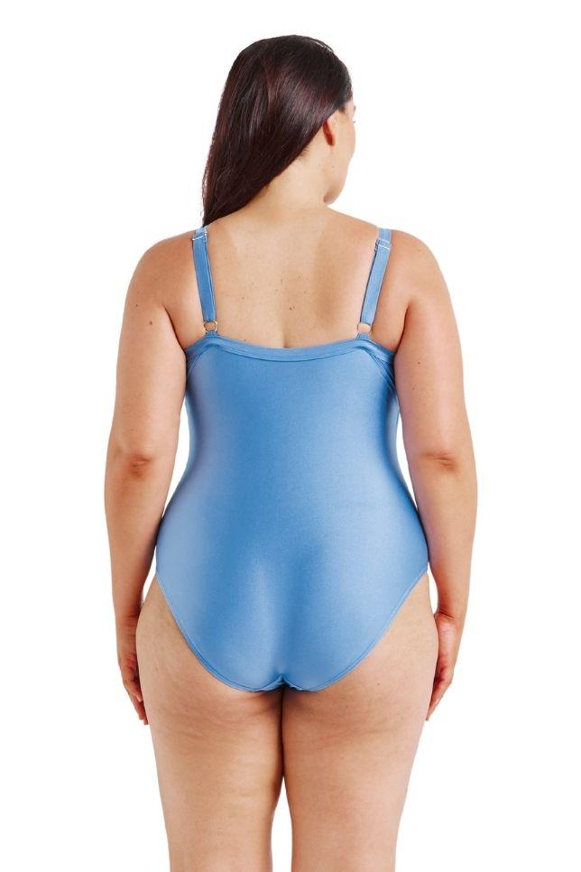 model showing back of blue one piece