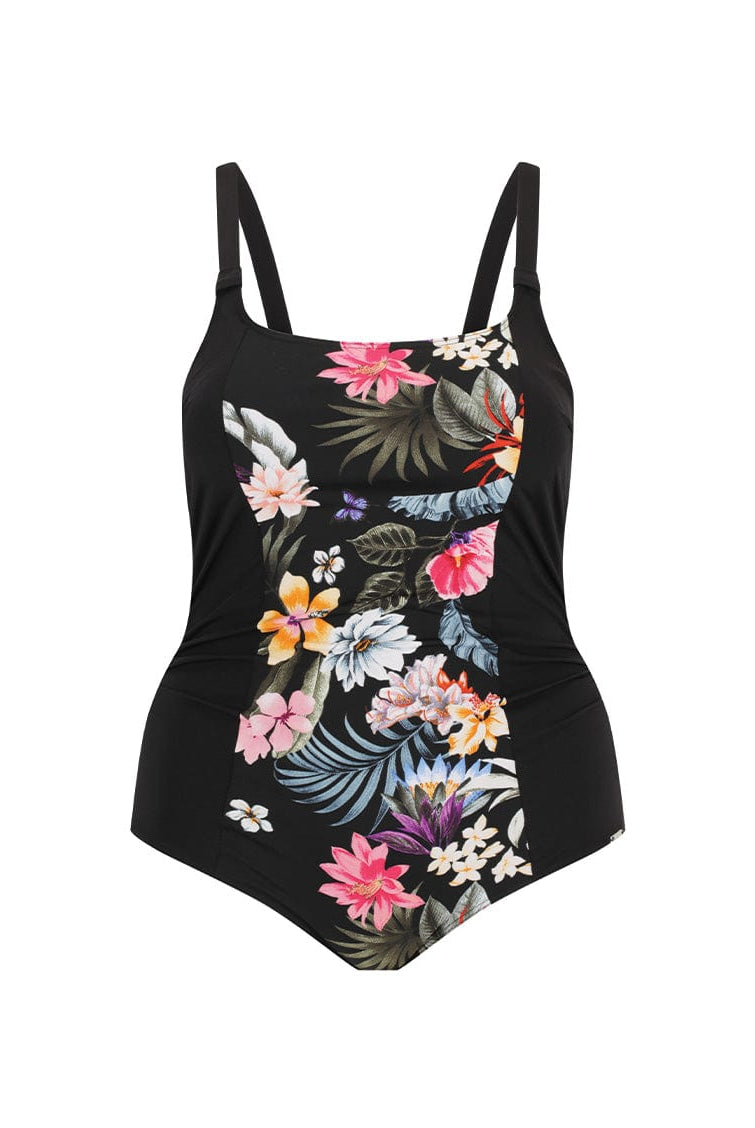 ghost mannequin of black floral tank one piece in chlorine resistant fabric
