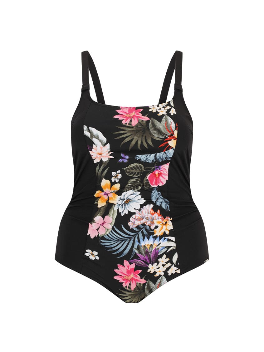 ghost mannequin of black floral tank one piece in chlorine resistant fabric