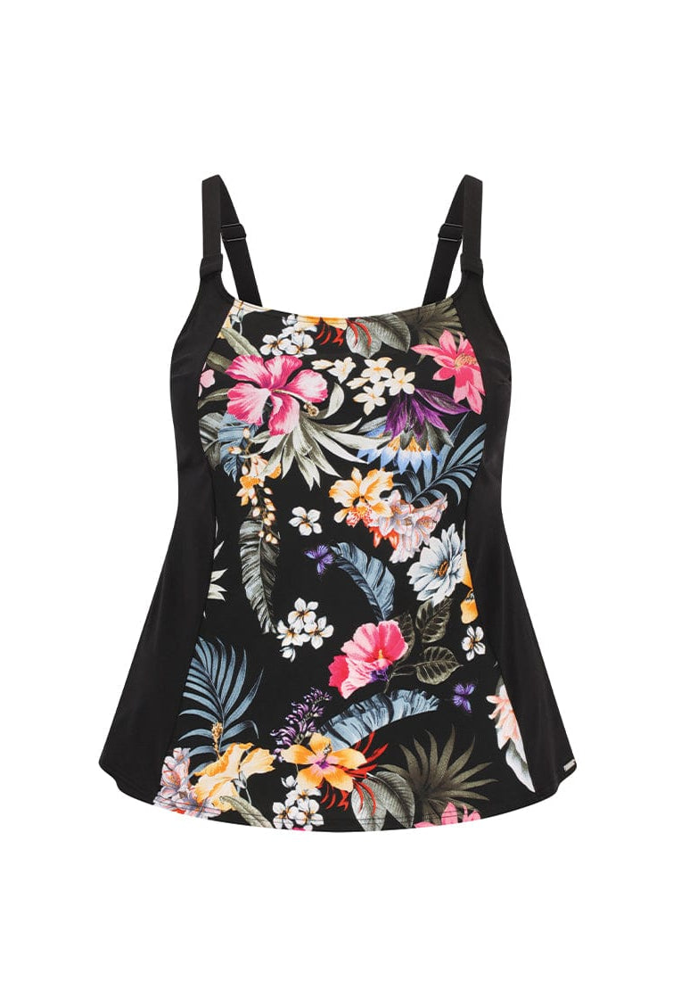 Ghost mannequin of black floral pool proof tankini top