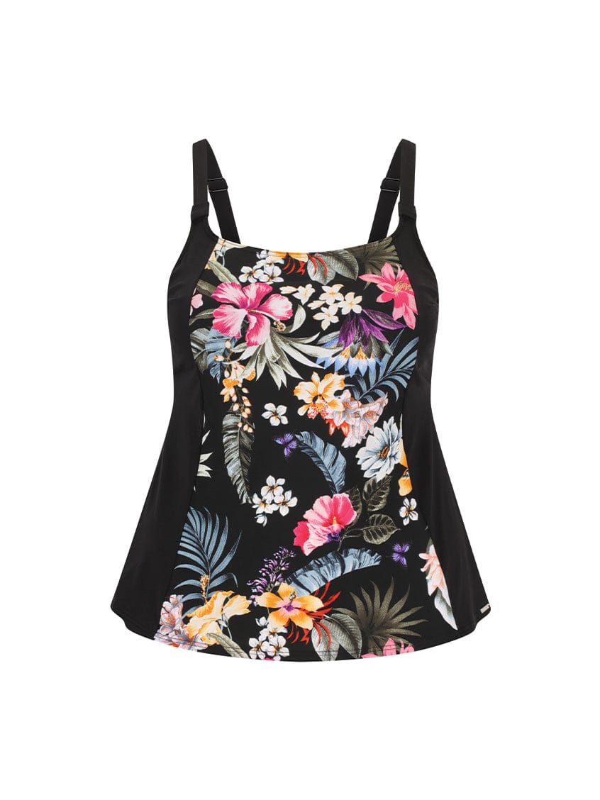 Ghost mannequin of black floral pool proof tankini top