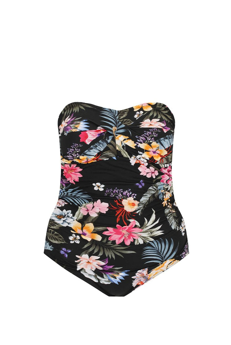 Ghost mannequin of black floral strapless pool proof one piece