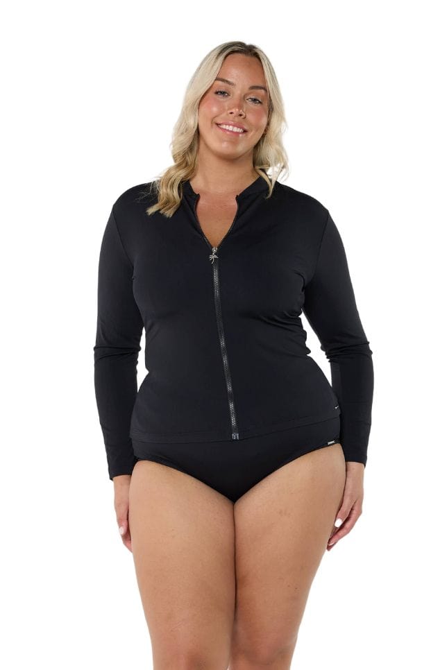 Blonde model wearing black chlorine resistant rash vest