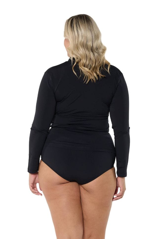 Blonde model wearing black long sleeve rash shirt