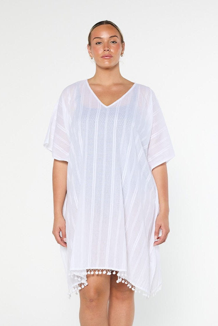 model wearing white lightweight kaftan
