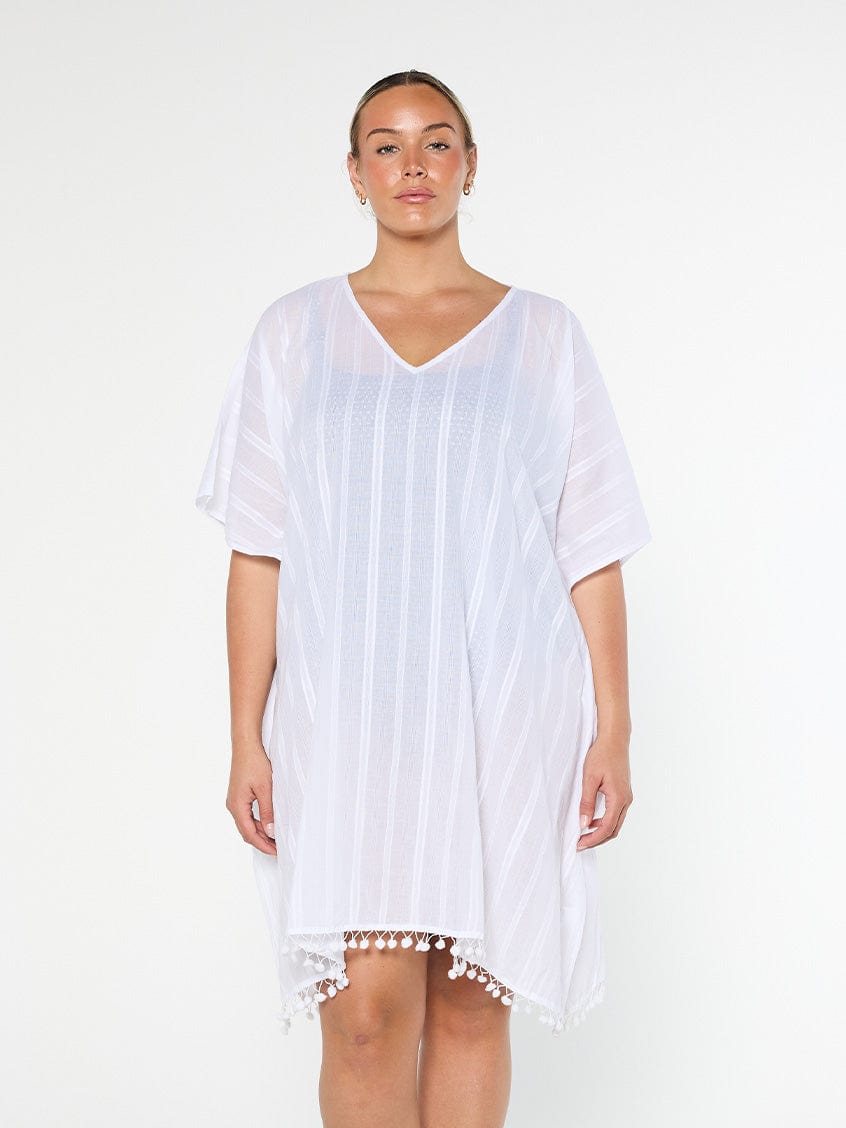 model wearing white lightweight kaftan