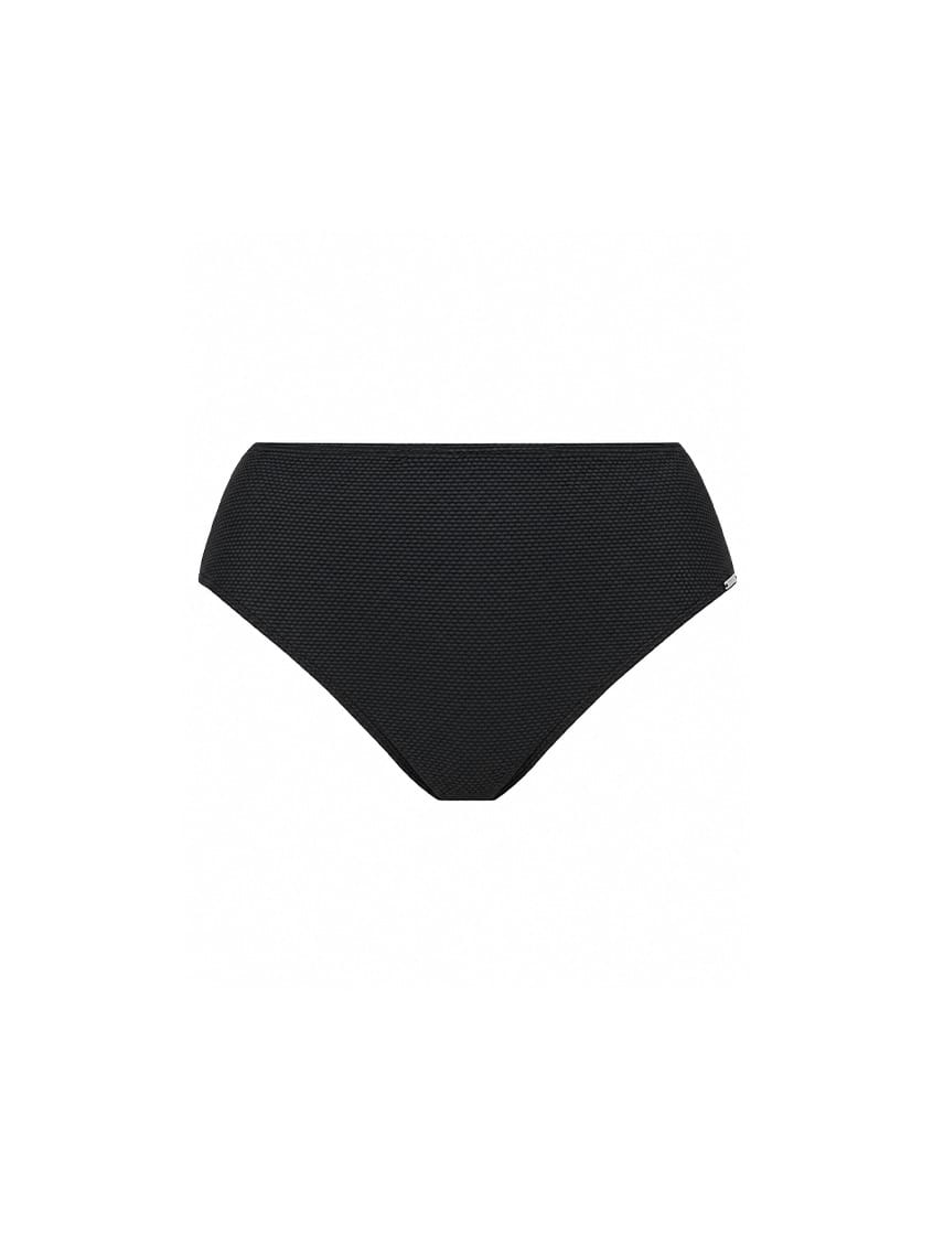 Black textured bikini bottom with a subtle woven pattern, shown flat against a solid white background.