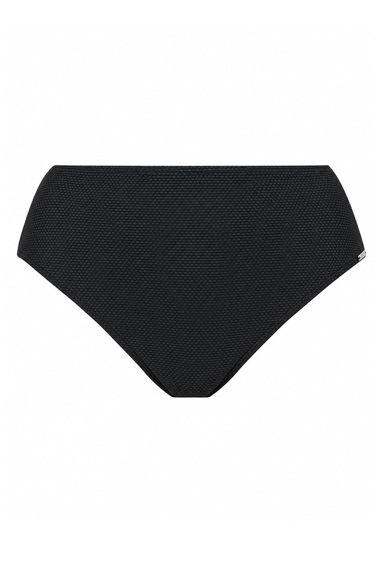 Black textured bikini bottom with a small white brand tag on the right side, shown flat against a solid white background.