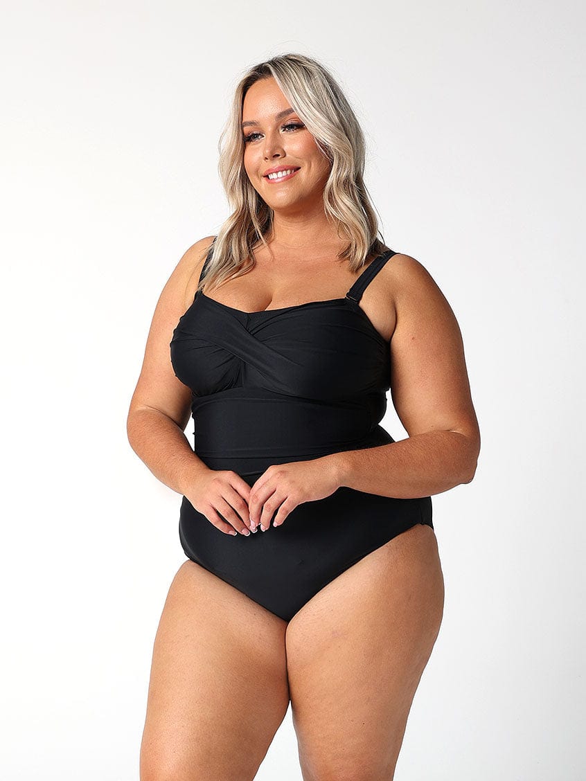 model showing side of women's black bandeau one piece