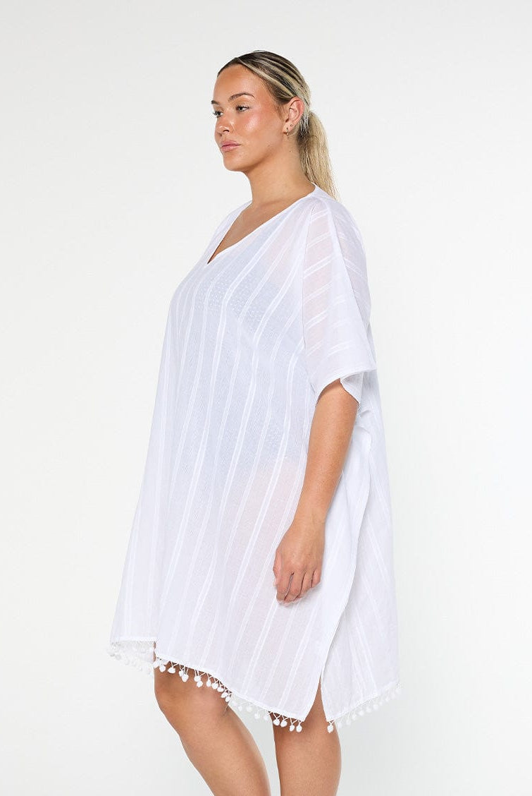 model wearing white cotton kaftan