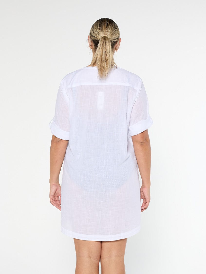 model showing back of white cover up beach dress