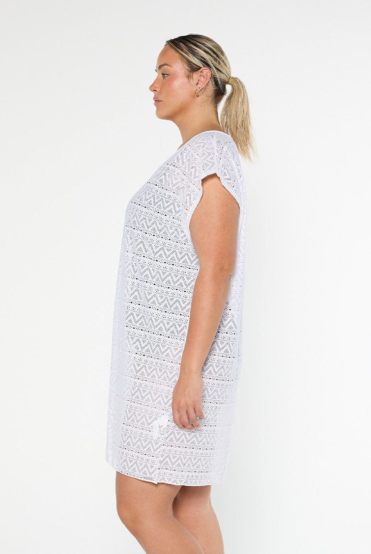 model showing side of white mesh cover up dress